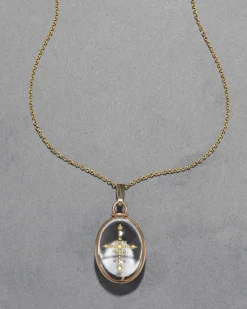 Antique Early 1900s 14k Gold Cross with Quartz Pendant Necklace