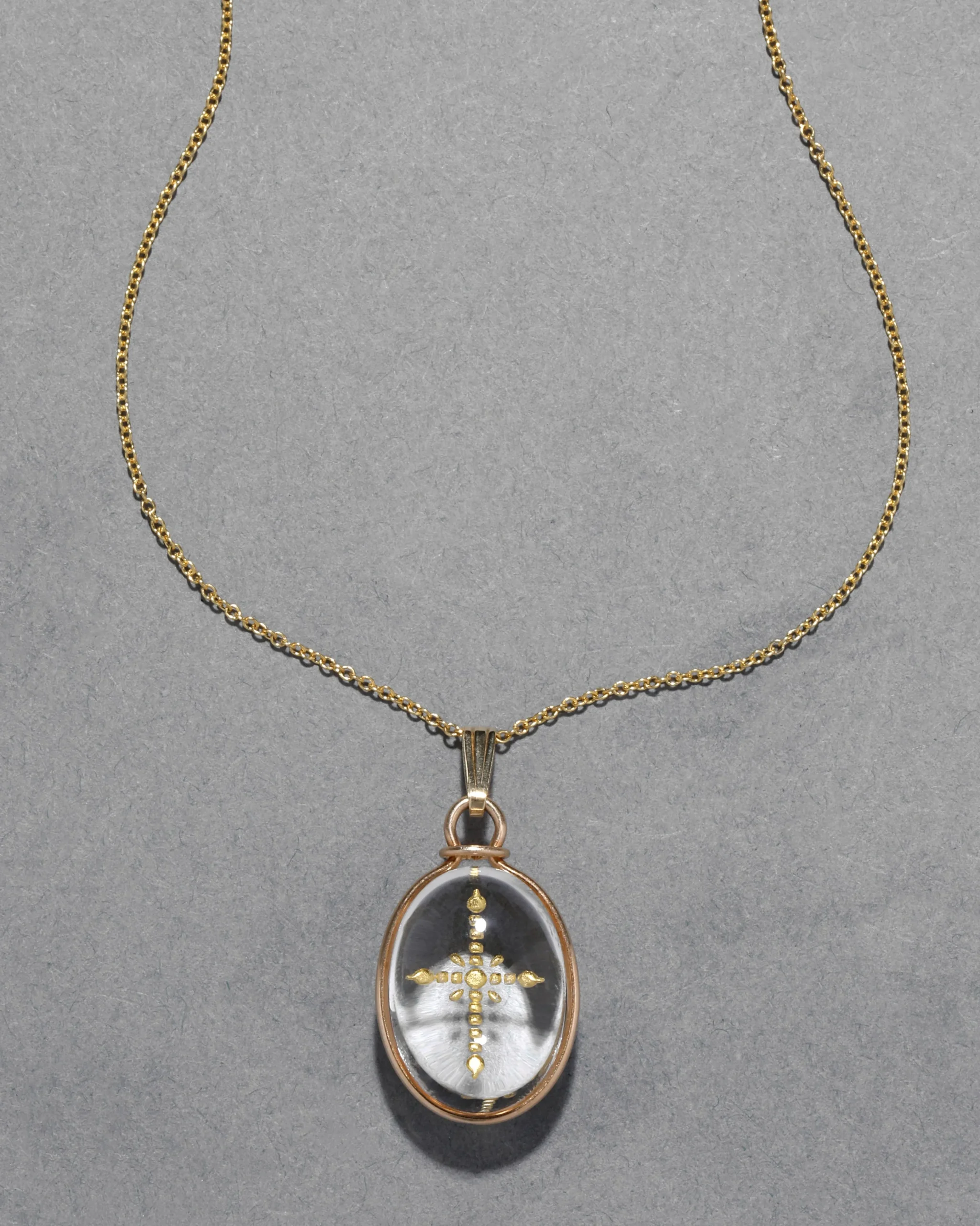 Antique Early 1900s 14k Gold Cross with Quartz Pendant Necklace