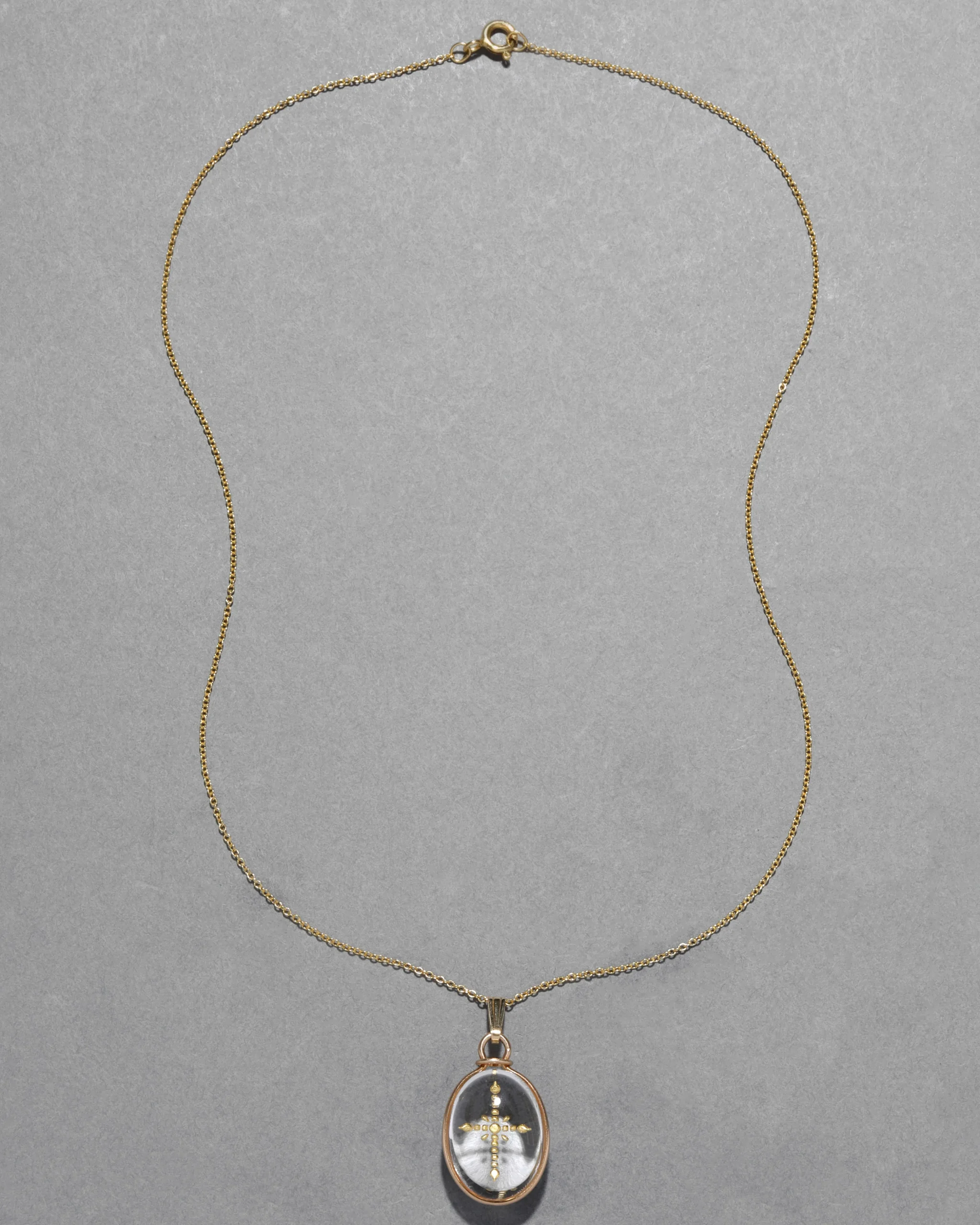 Antique Early 1900s 14k Gold Cross with Quartz Pendant Necklace
