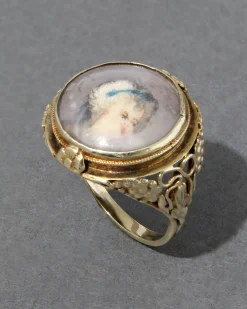 Antique Early 1800s 14k Gold English Hand Painted Portrait Floral Shank Ring