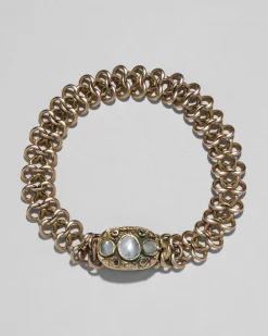 Antique Early 1800s 14k Gold with Mother of Pearl & Diamond Hand Engraved Link Bracelet