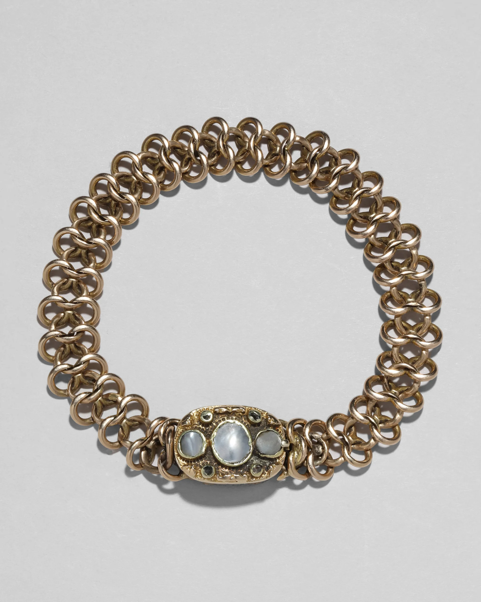 Antique Early 1800s 14k Gold with Mother of Pearl & Diamond Hand Engraved Link Bracelet
