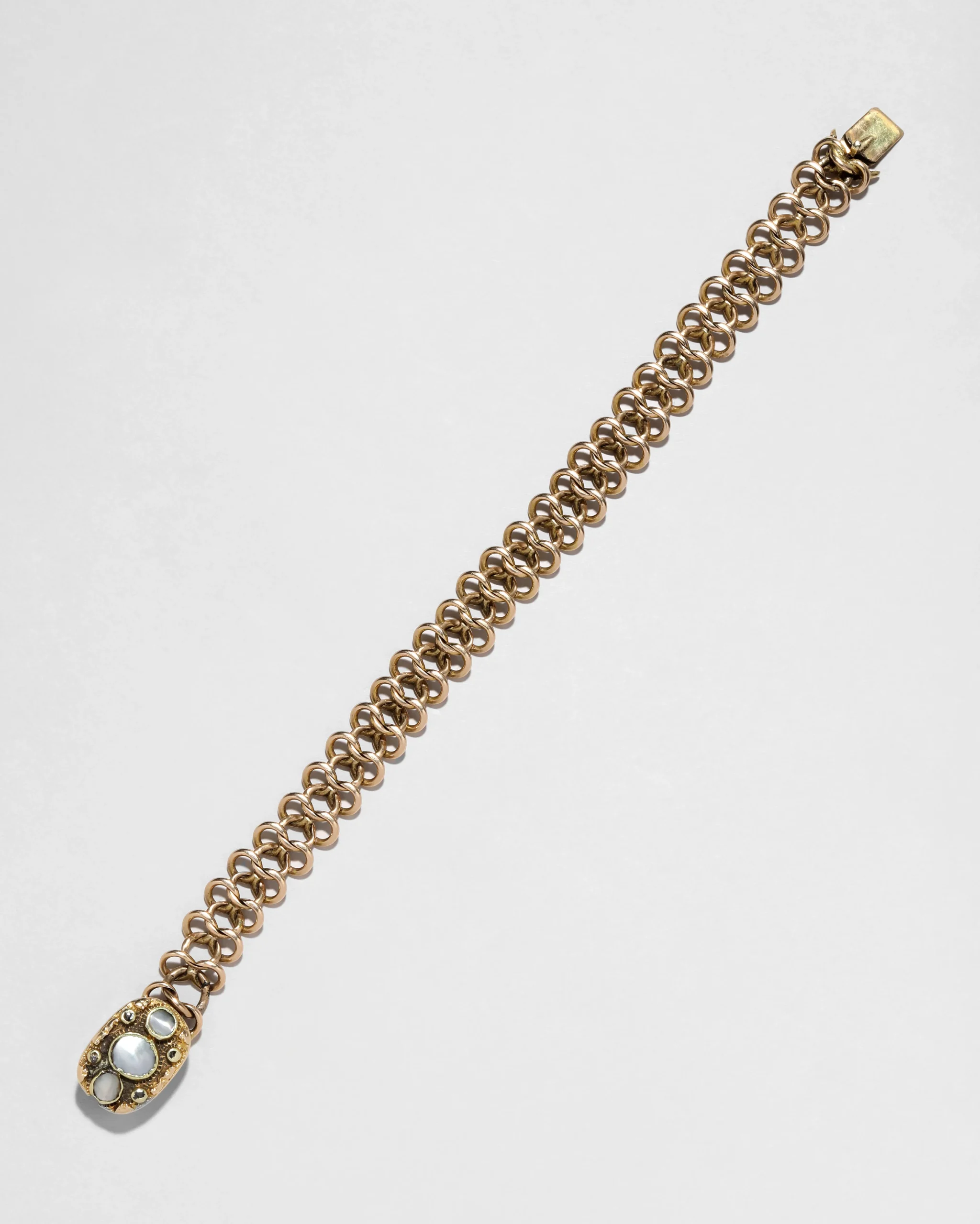 Antique Early 1800s 14k Gold with Mother of Pearl & Diamond Hand Engraved Link Bracelet