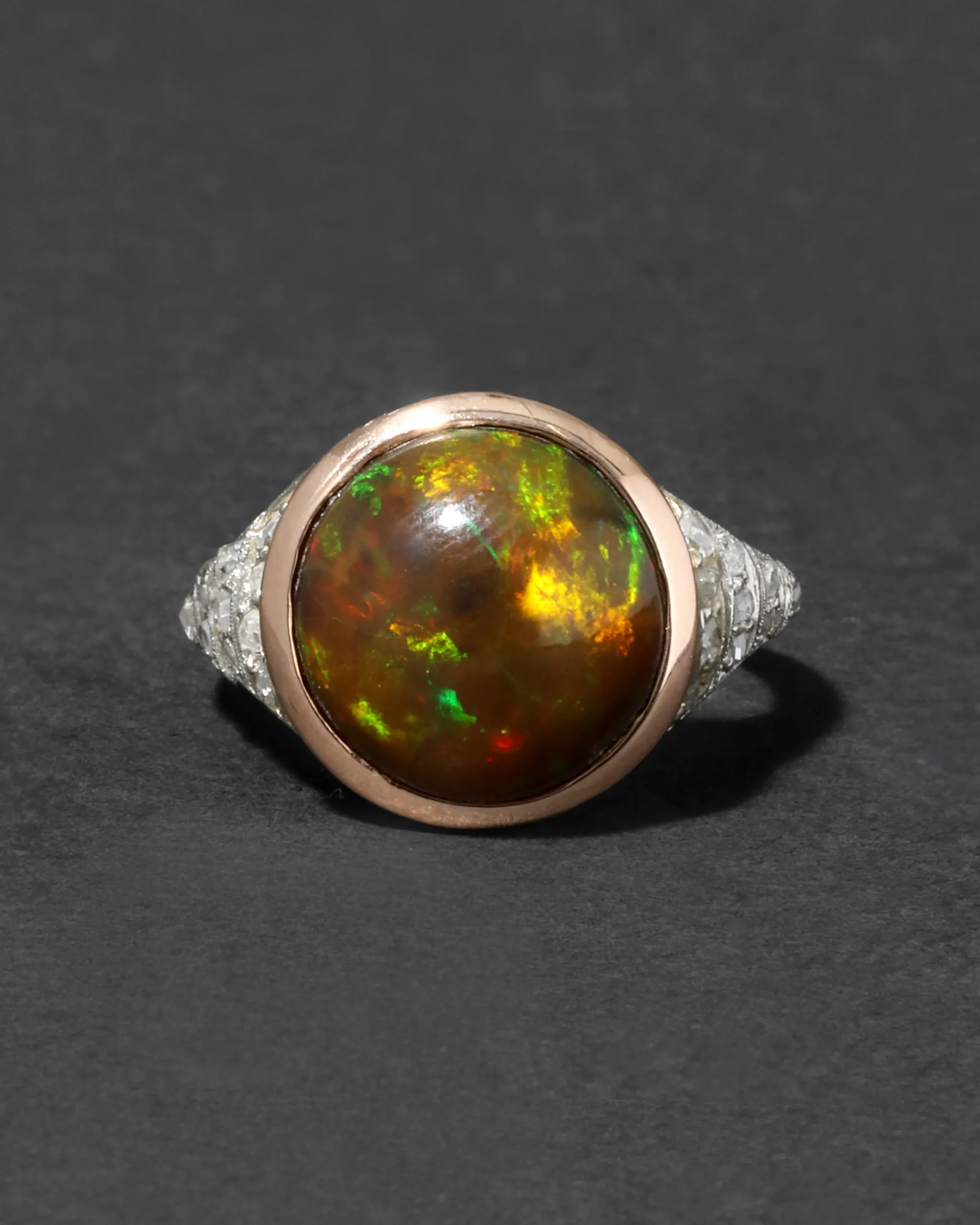 Antique Edwardian 1910s 14k Rose Gold Platinum Opal & Diamond Band Ring