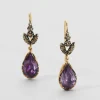 Antique 14k Gold and Sterling Silver Earrings with Amethyst and Leafy Diamond Tops