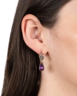 Antique 14k Gold and Sterling Silver Earrings with Amethyst and Leafy Diamond Tops