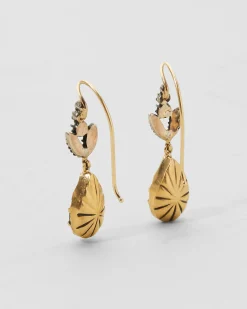 Antique 14k Gold and Sterling Silver Earrings with Amethyst and Leafy Diamond Tops
