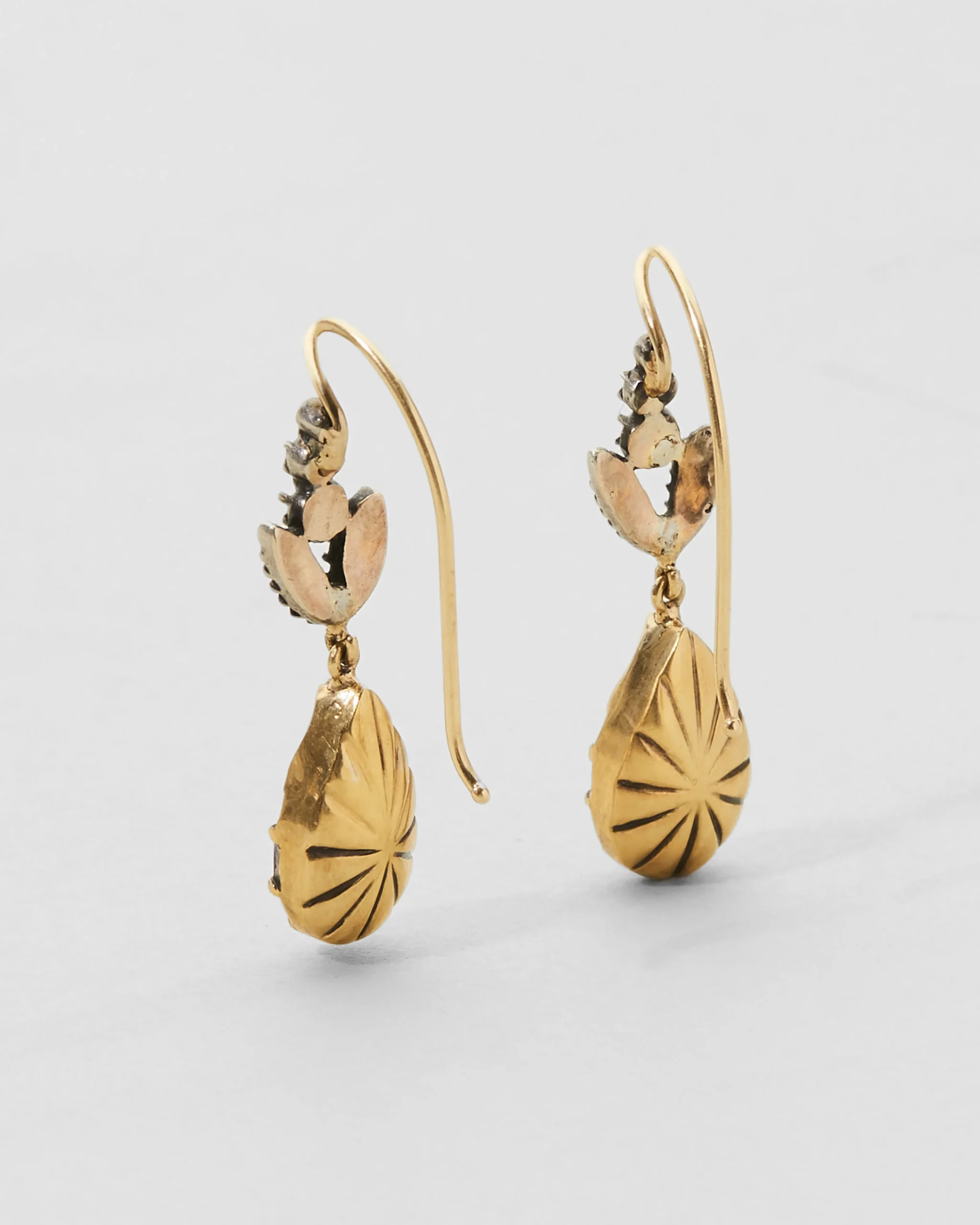 Antique 14k Gold and Sterling Silver Earrings with Amethyst and Leafy Diamond Tops