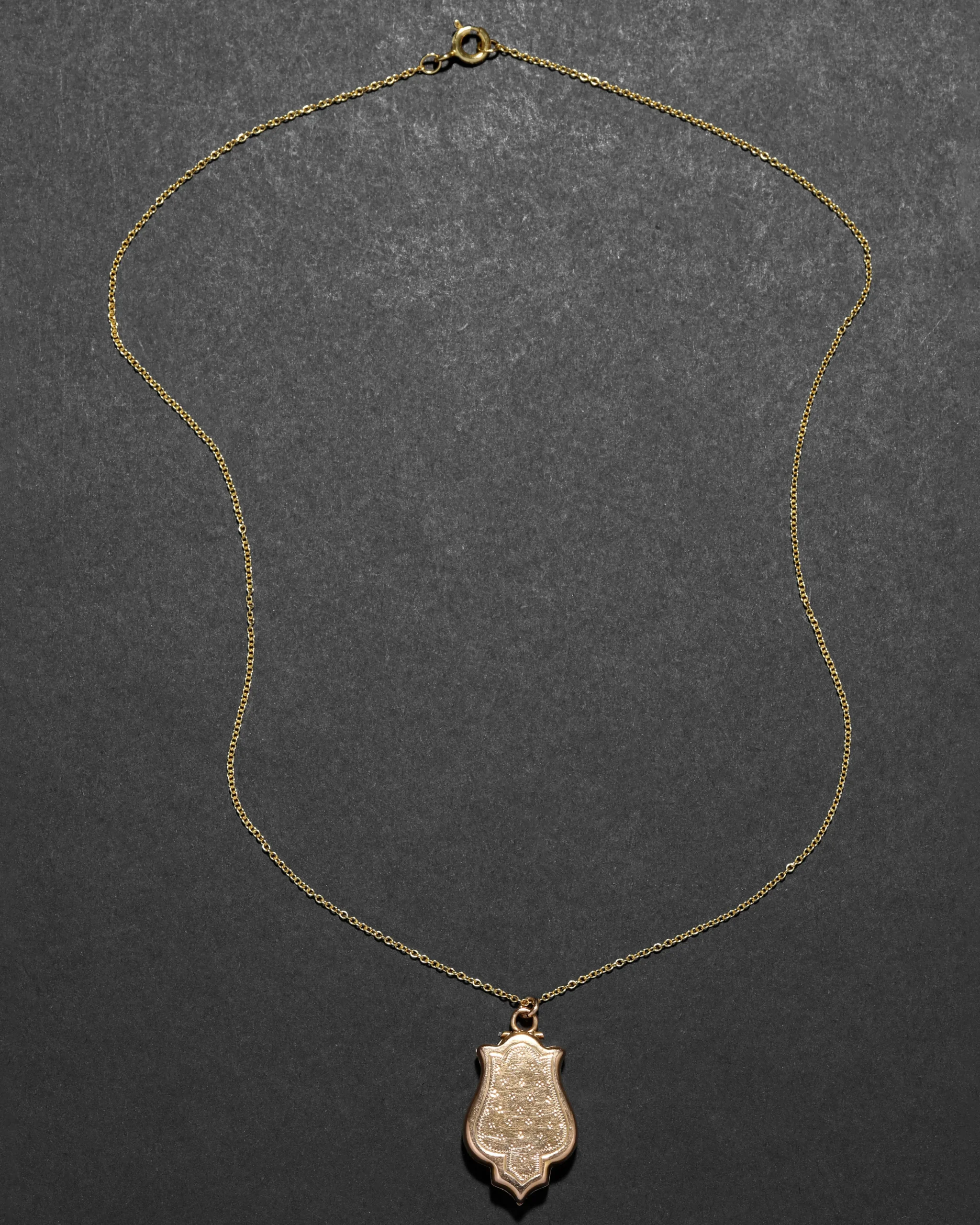Antique 1910s 14k Gold Hand Etched Unique Shape Locket Pendant Necklace