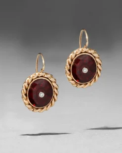 Antique 1930s 14k Gold Rope Framed Ruby with Diamond Earring