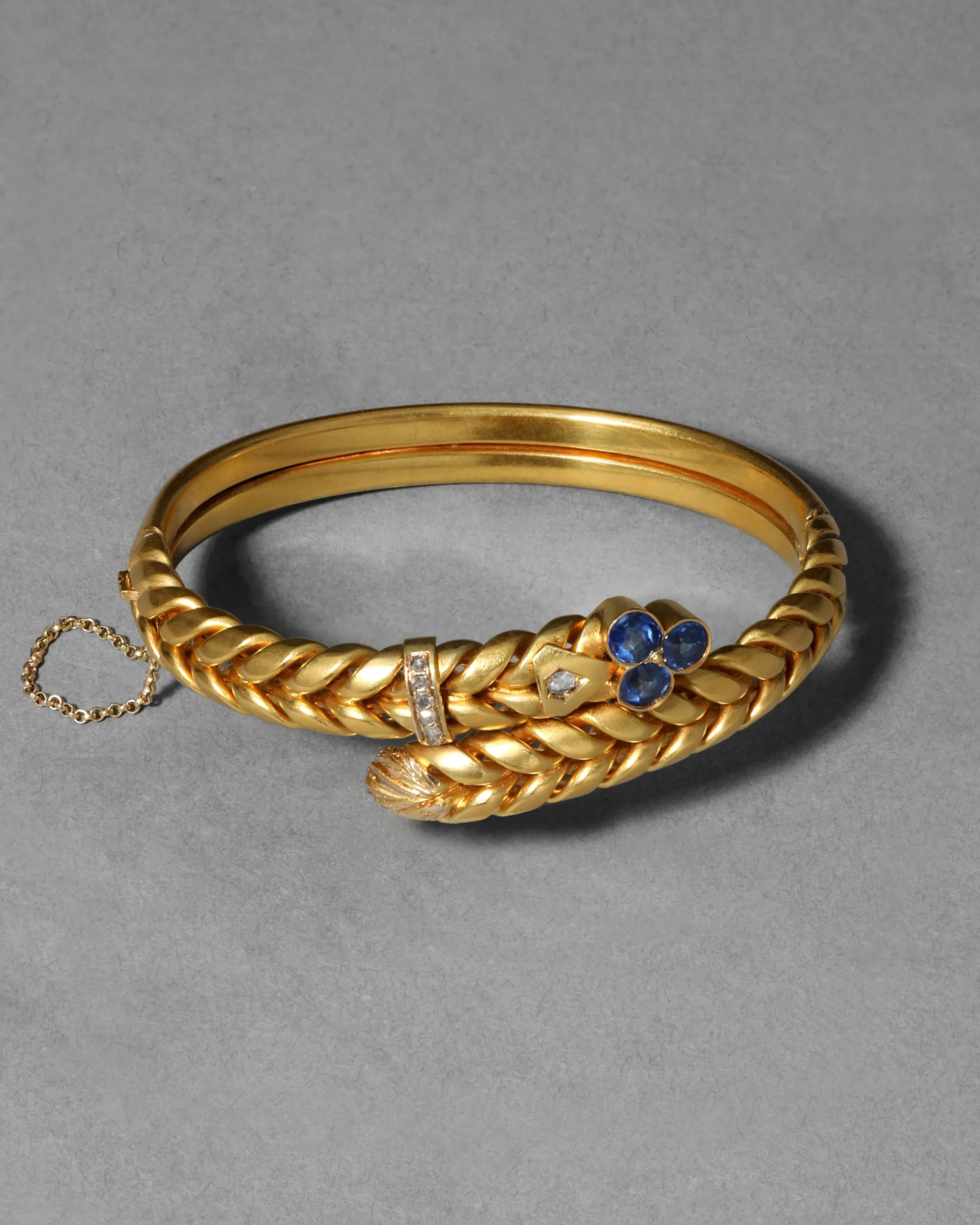 Antique 1870s 14k Gold Sapphire & Rose Cut Diamond Hinge Bracelet
