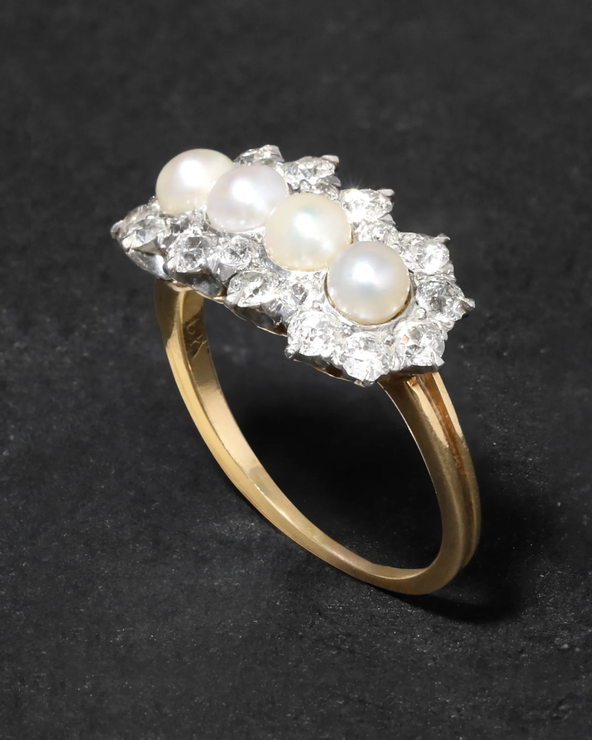 Antique 1900s 18k Gold with Natural Pearl & Rose Cut Diamond Cluster Ring