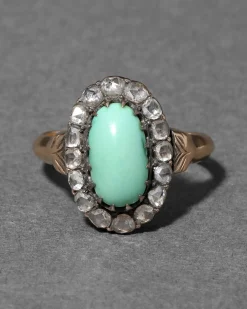 Antique 1800s 14k Gold with Turquoise Surrounded by Diamond Halo Ring