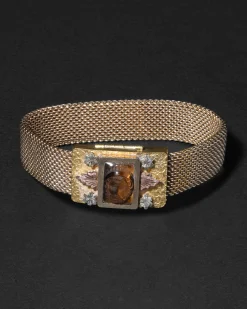 Antique 1800s 14k Tricolor Gold Fill & Hand-Carved Tigers Eye Handmade Bracelet 1