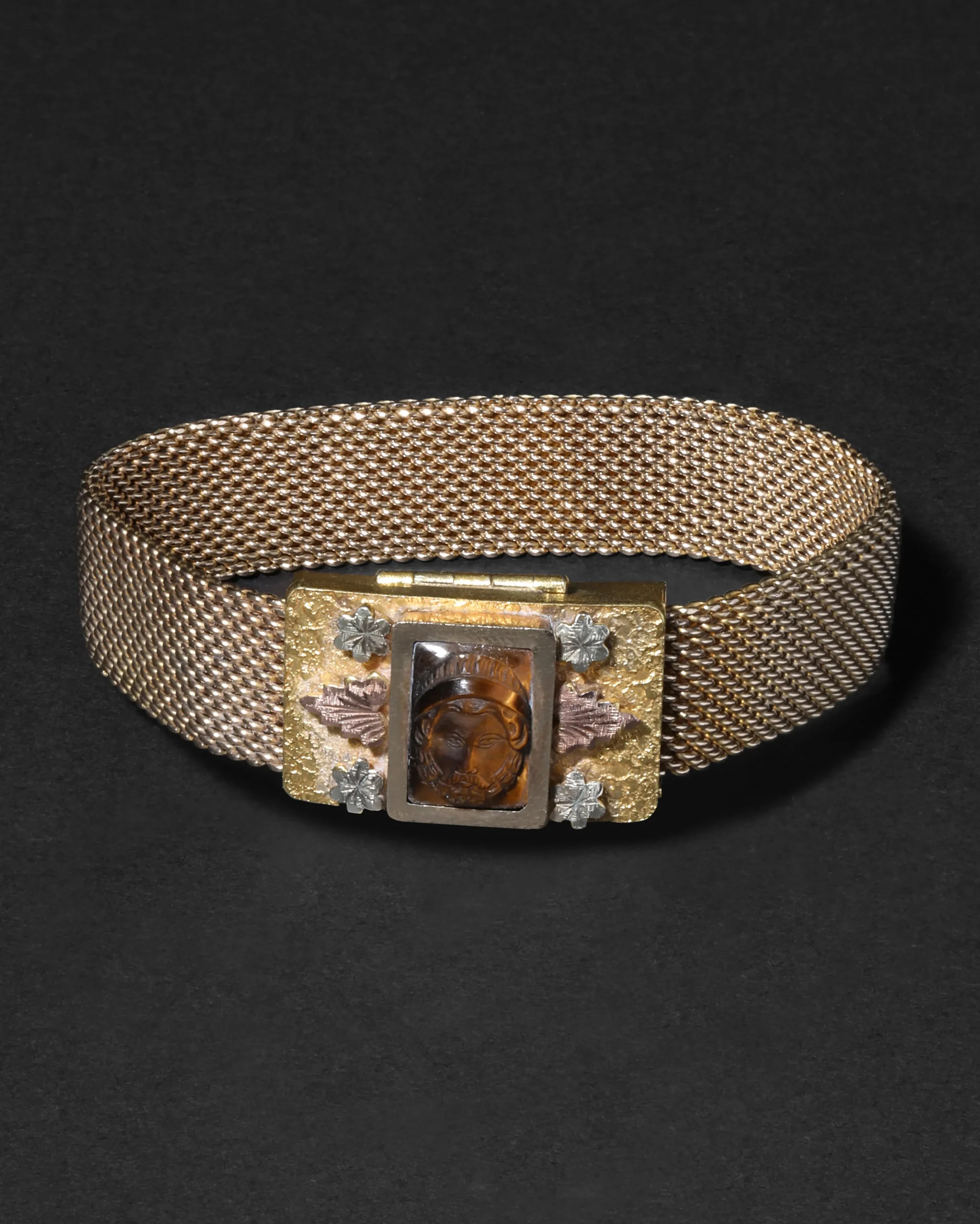 Antique 1800s 14k Tricolor Gold Fill & Hand-Carved Tigers Eye Handmade Bracelet 1