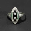 Antique 1910s 14k White Gold with Diamond, Emerald & Onyx Marquis Ring