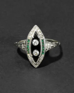 Antique 1910s 14k White Gold with Diamond, Emerald & Onyx Marquis Ring