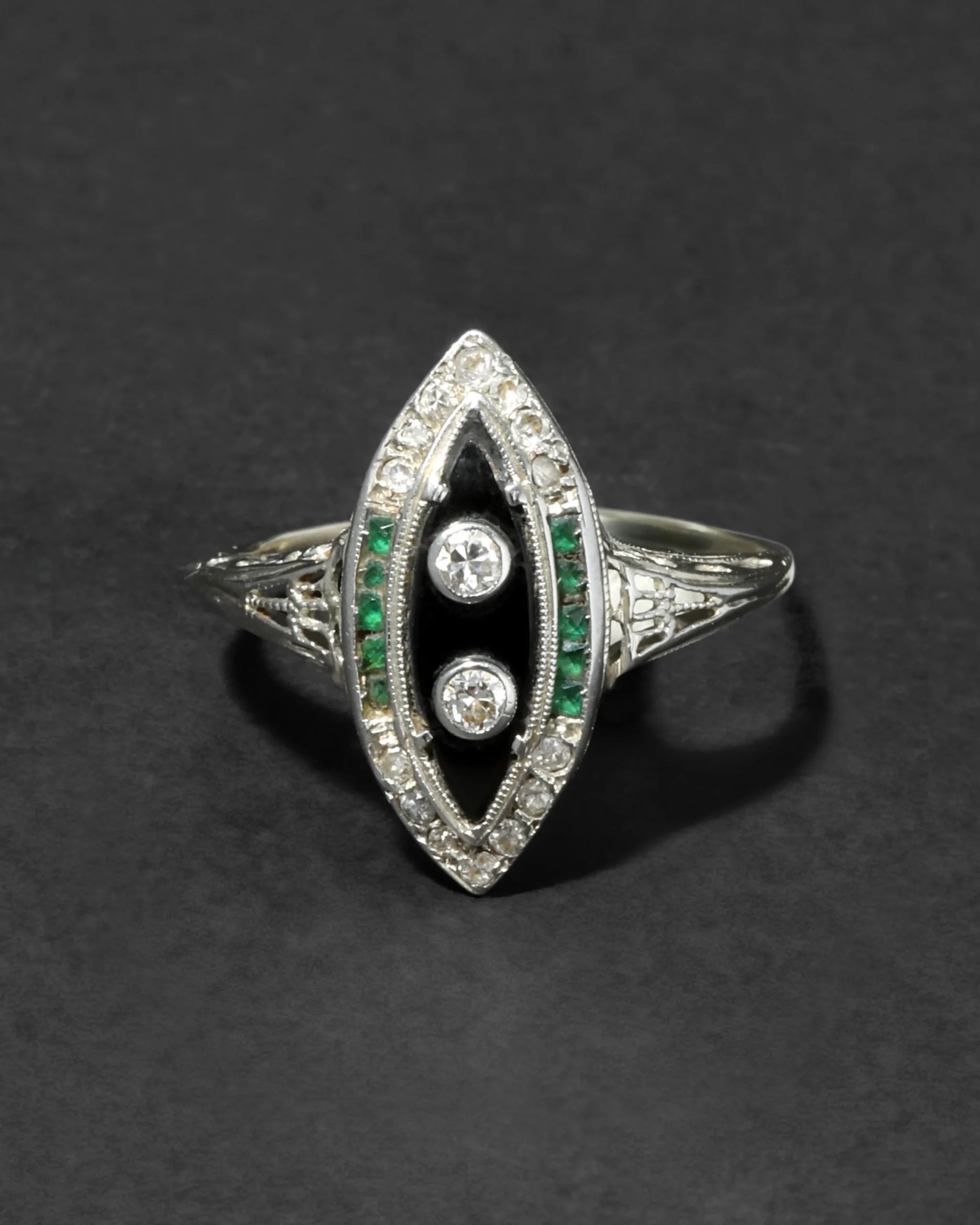 Antique 1910s 14k White Gold with Diamond, Emerald & Onyx Marquis Ring