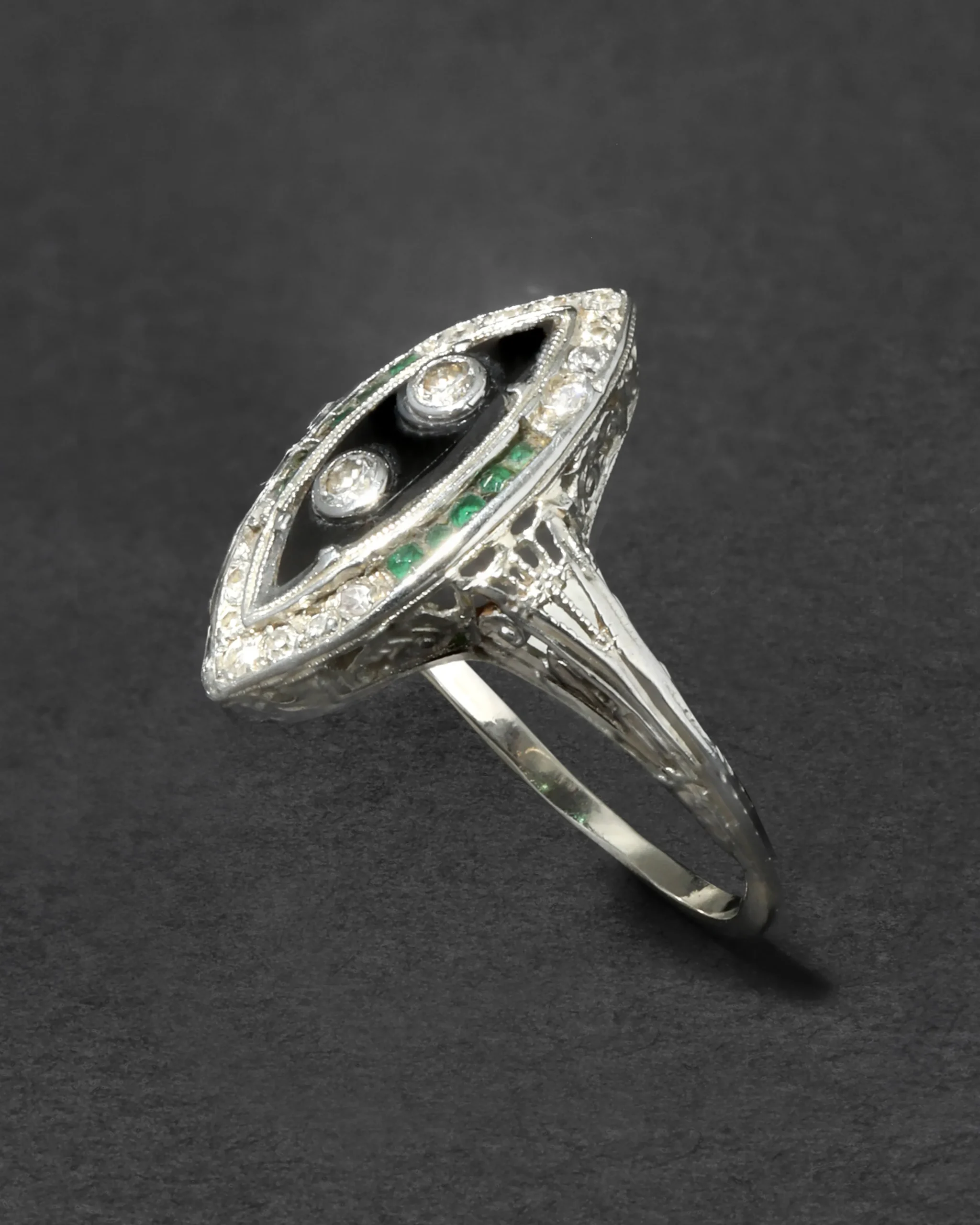 Antique 1910s 14k White Gold with Diamond, Emerald & Onyx Marquis Ring