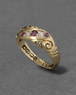 Antique Victorian English 1800s 14k Gold with Ruby & Diamond Band Ring