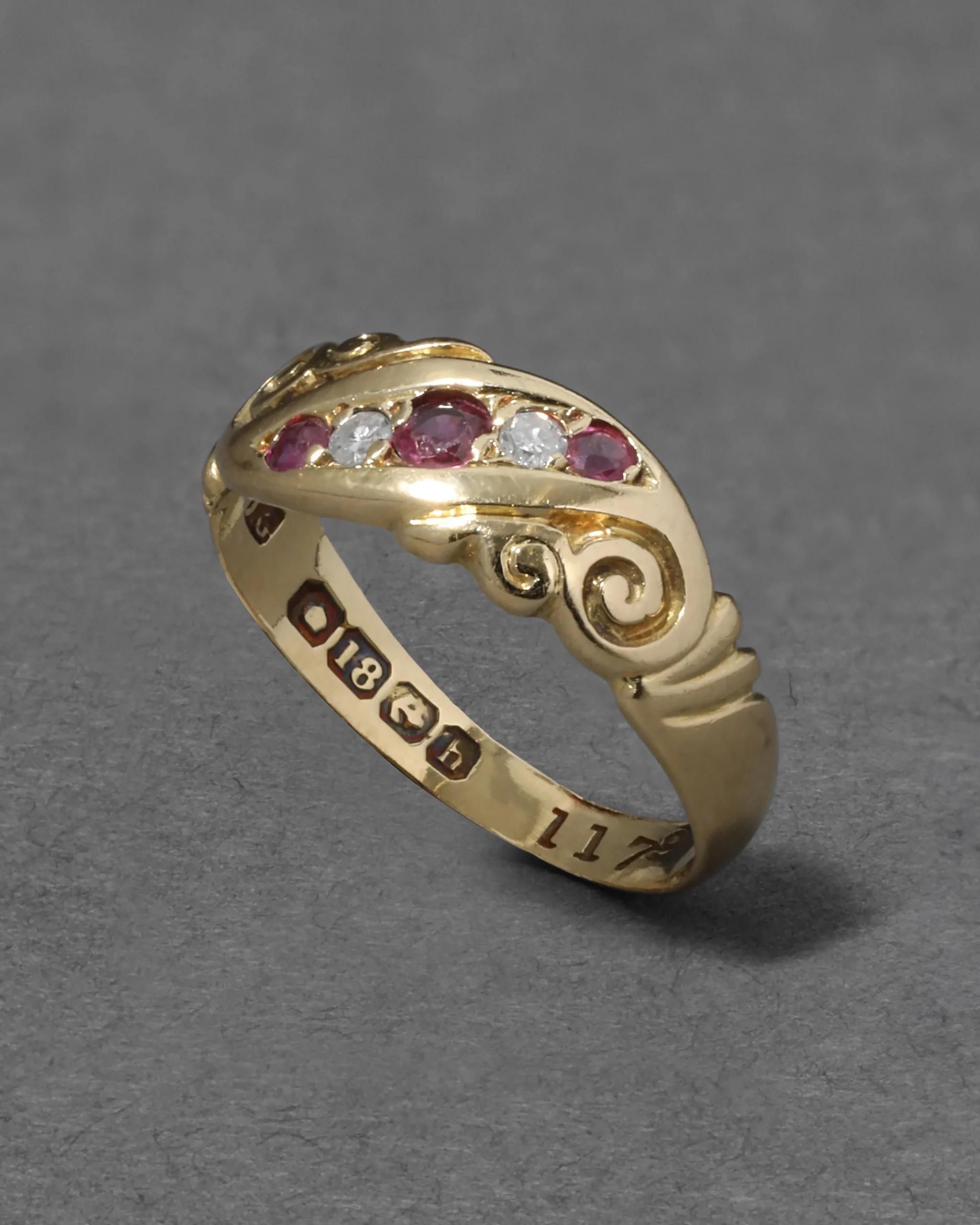 Antique Victorian English 1800s 14k Gold with Ruby & Diamond Band Ring