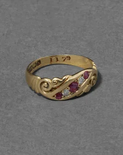 Antique Victorian English 1800s 14k Gold with Ruby & Diamond Band Ring