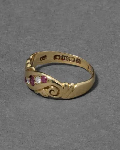 Antique Victorian English 1800s 14k Gold with Ruby & Diamond Band Ring