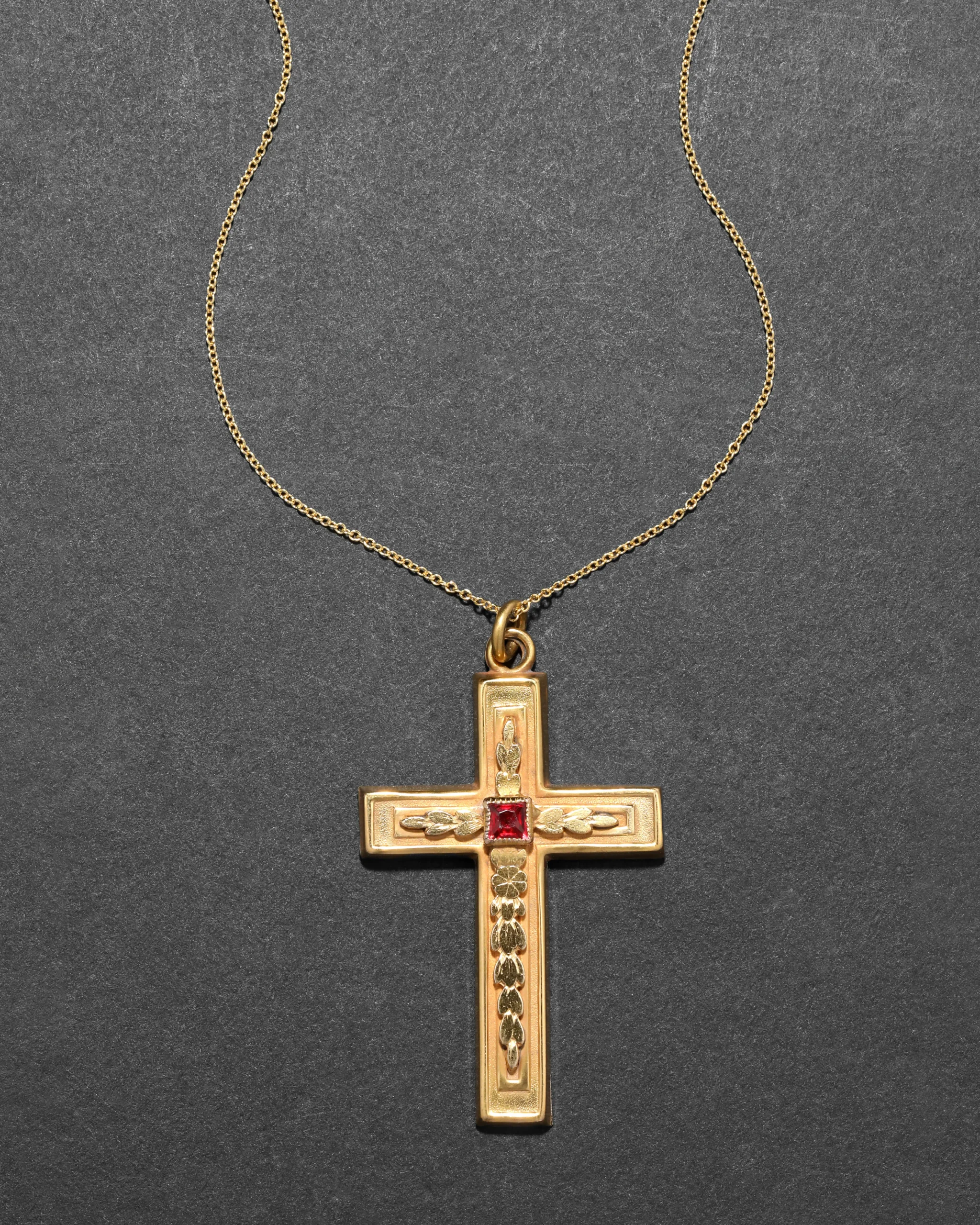Antique Victorian 14k Gold Fill & Cut Crystal Ornate Cross Pendant Necklace