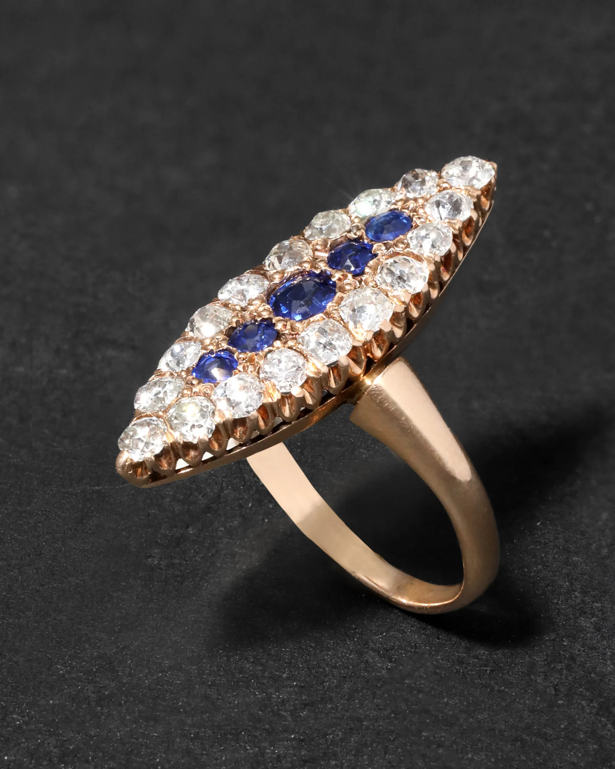 Antique Victorian Late 1800s 14k Gold with Sapphire & Diamond Marquis Ring