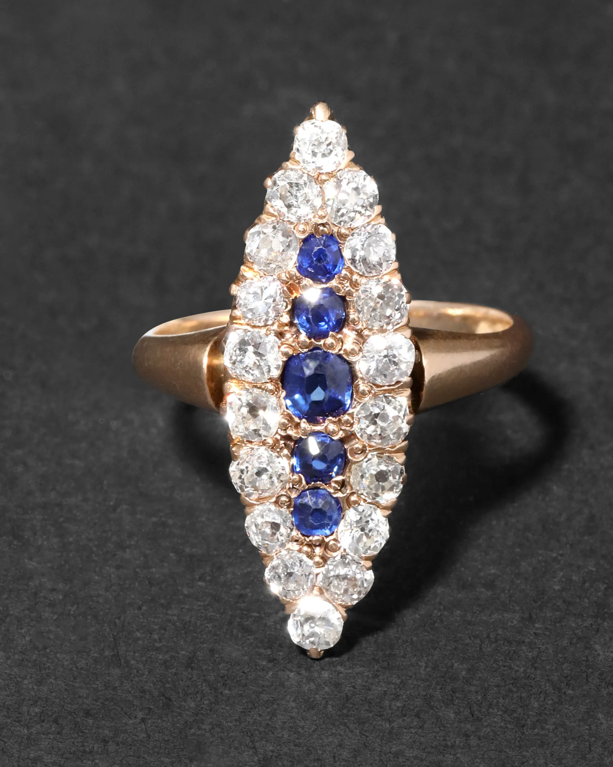 Antique Victorian Late 1800s 14k Gold with Sapphire & Diamond Marquis Ring