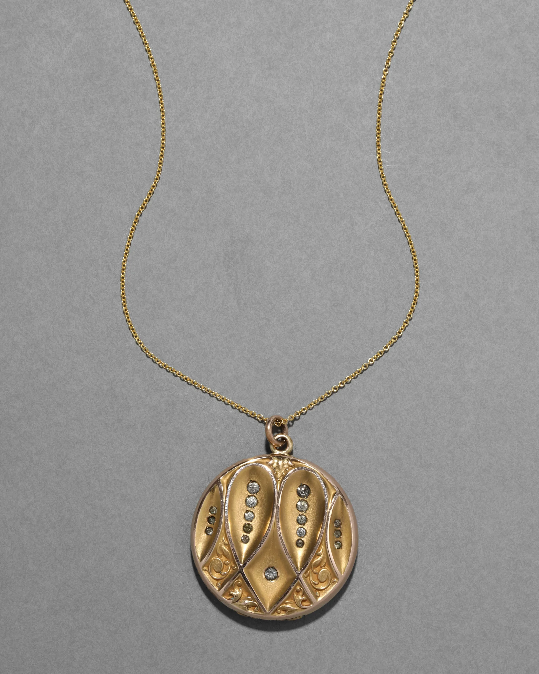 Antique Victorian 1800s 14k Gold Fill & Paste Crystal Patterned Locket Pendant Necklace