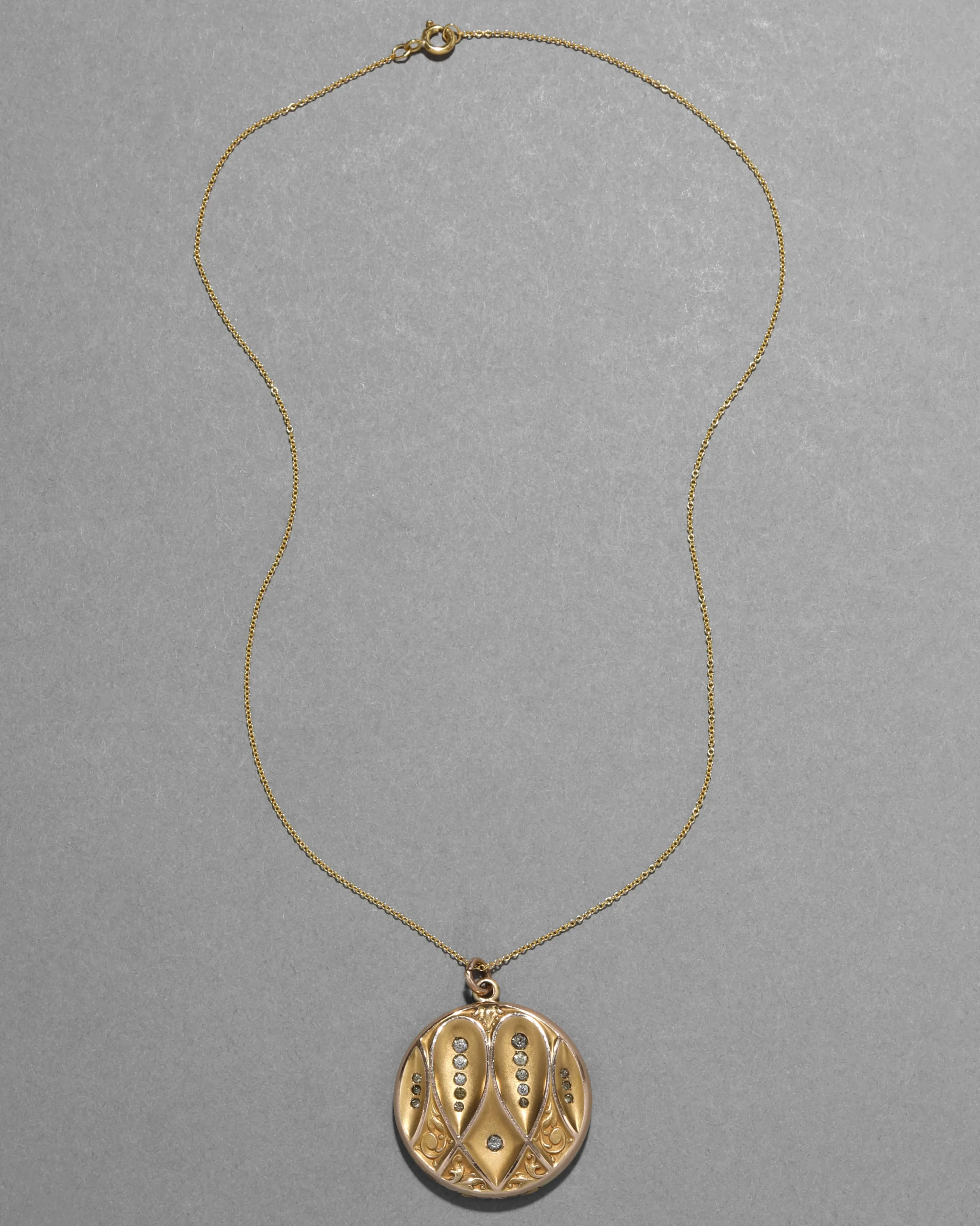 Antique Victorian 1800s 14k Gold Fill & Paste Crystal Patterned Locket Pendant Necklace