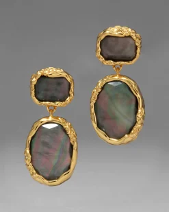 Brut Gold Bezel Drop Clip Earring- Black Mother of Pearl