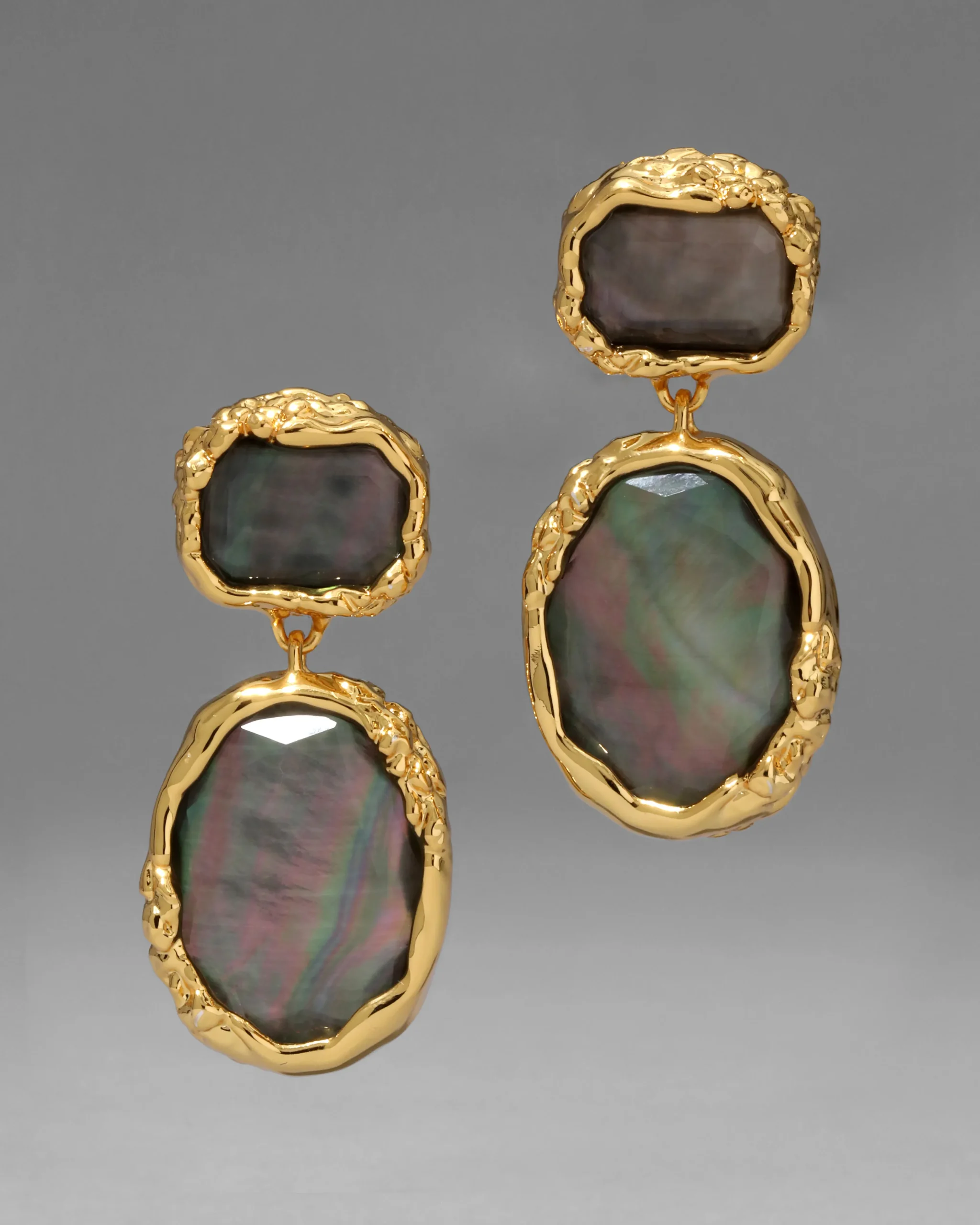 Brut Gold Bezel Drop Clip Earring- Black Mother of Pearl
