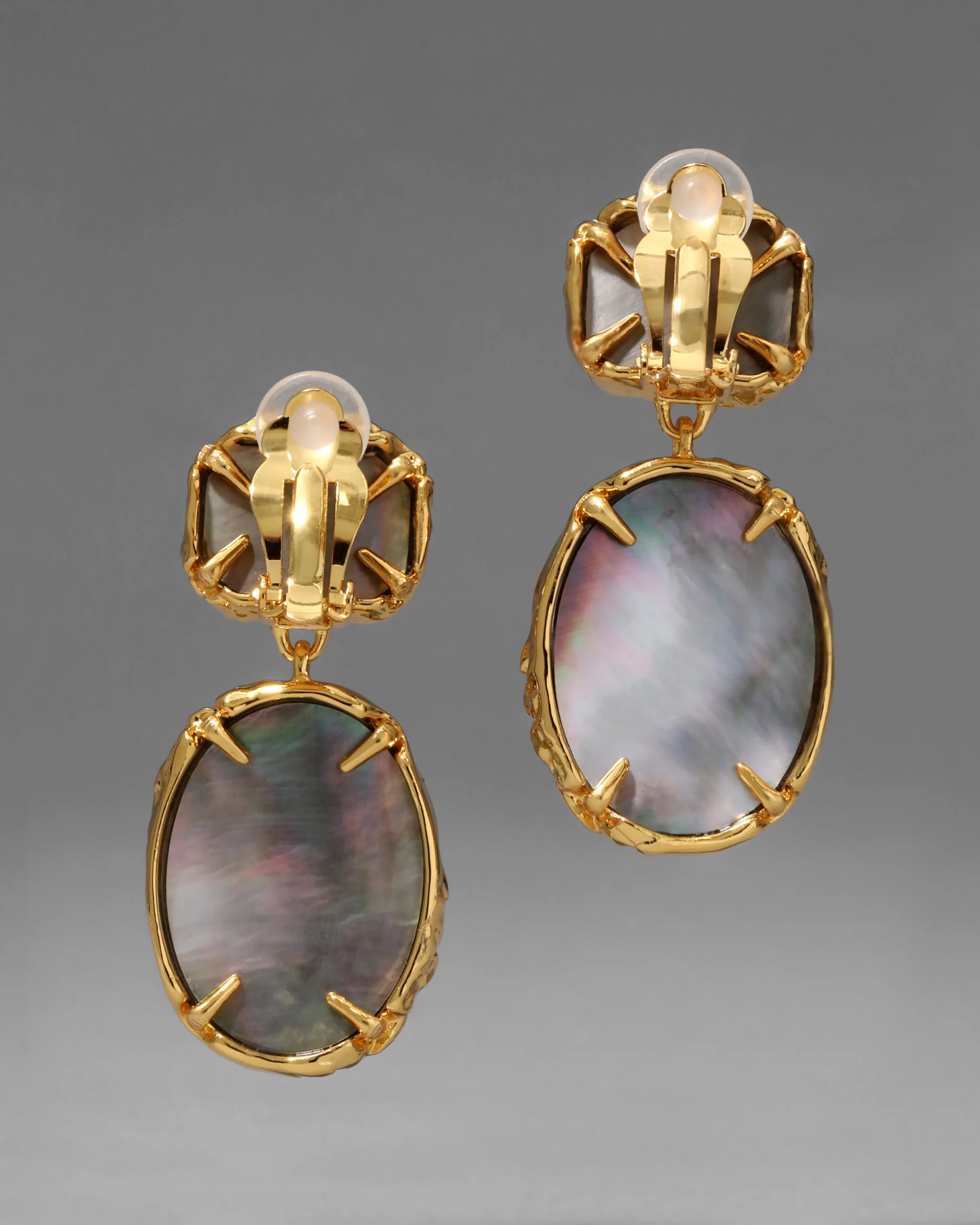Brut Gold Bezel Drop Clip Earring- Black Mother of Pearl