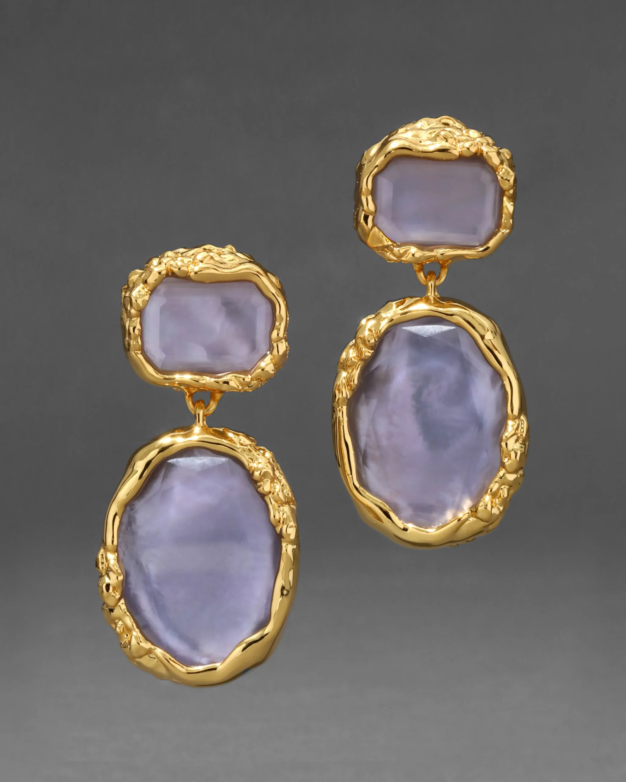 Brut Gold Bezel Drop Clip Earring- Iolite Mother of Pearl