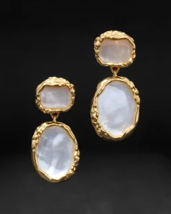 Brut Gold Bezel Drop Clip Earring- White Mother of Pearl