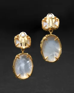 Brut Gold Bezel Drop Clip Earring- White Mother of Pearl