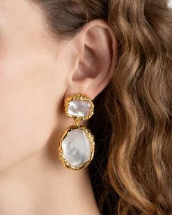 Brut Gold Bezel Drop Clip Earring- White Mother of Pearl
