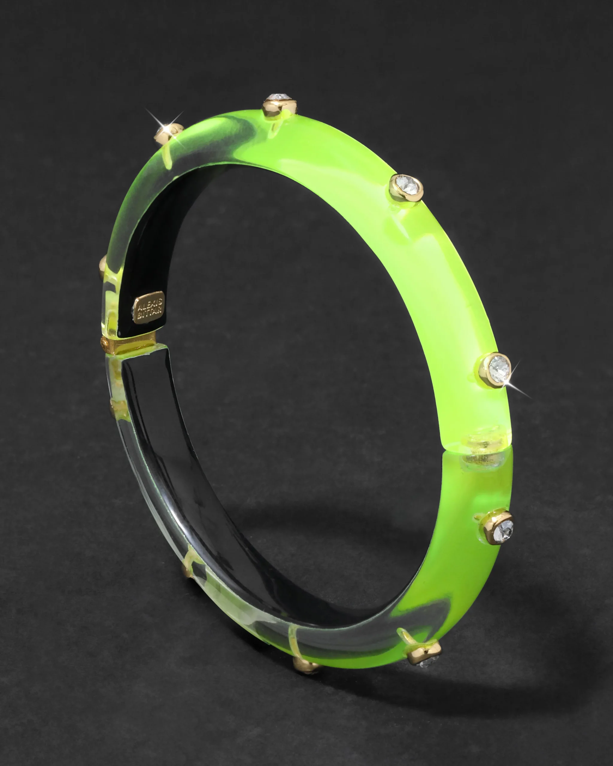 Crystal Studded Lucite Hinge Bracelet- Fluorescent Yellow