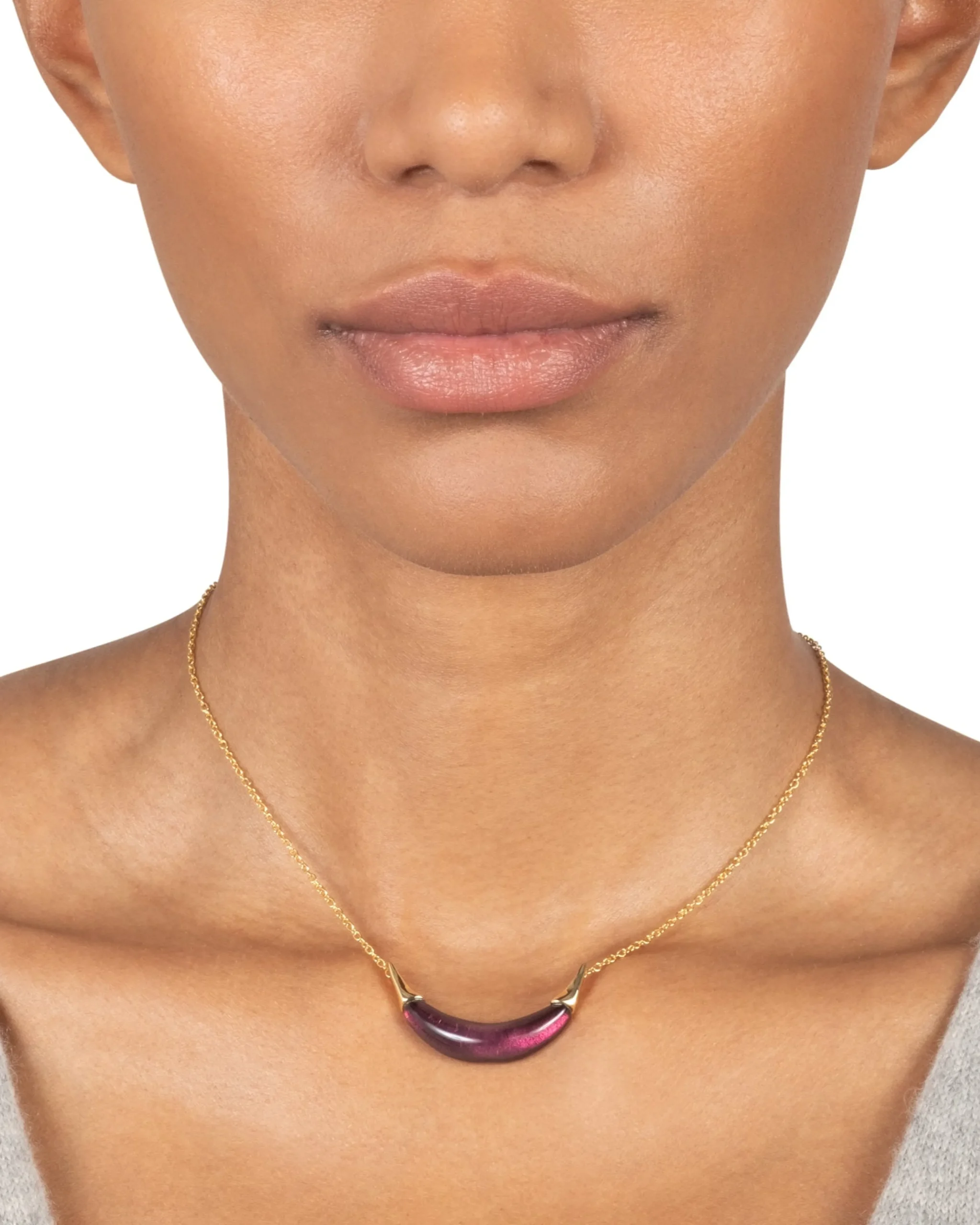 Gold Capped Crescent Lucite Necklace- Black Cherry