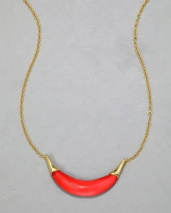Gold Capped Crescent Lucite Necklace- Lipstick Red