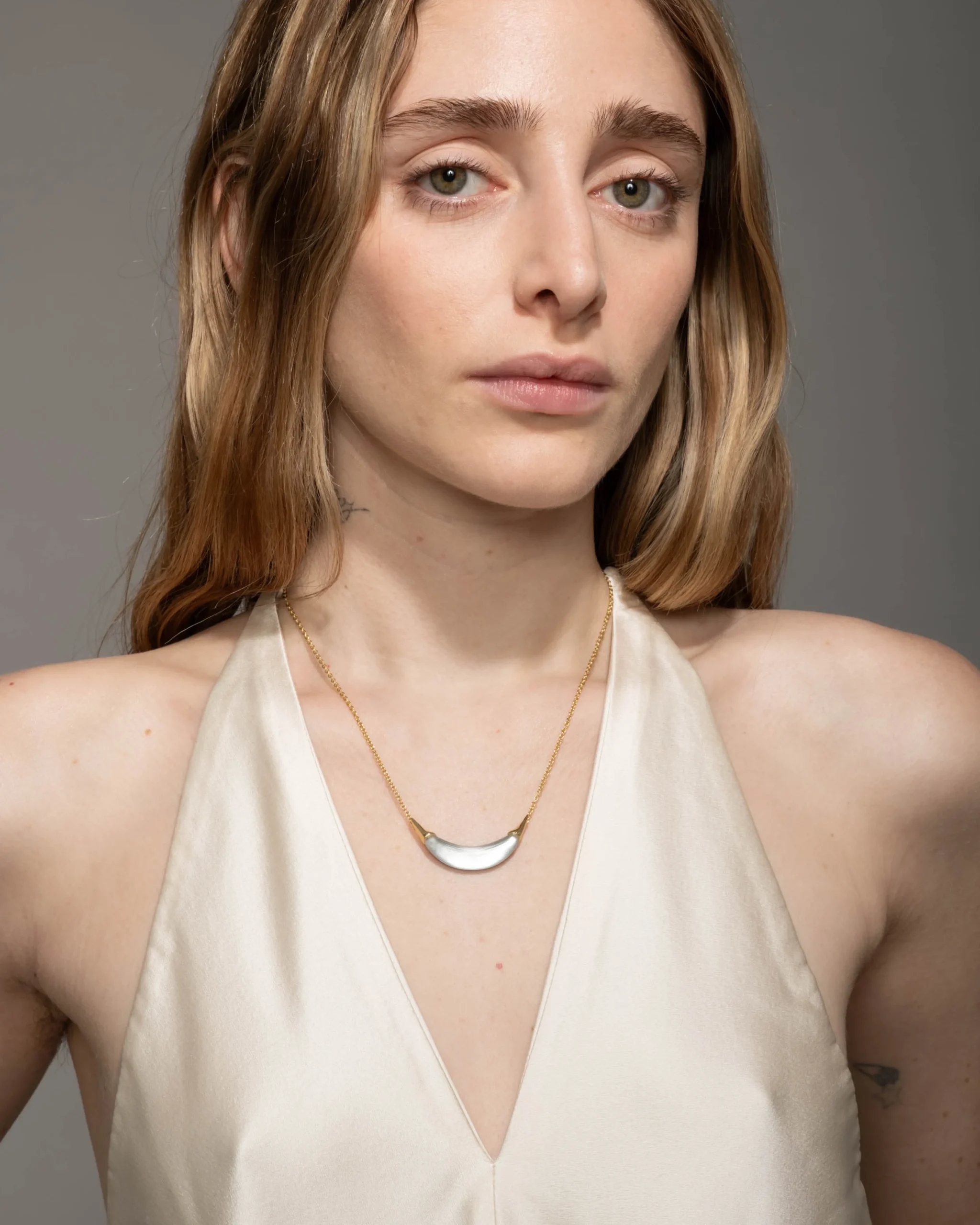 Gold Capped Crescent Lucite Necklace- Silver