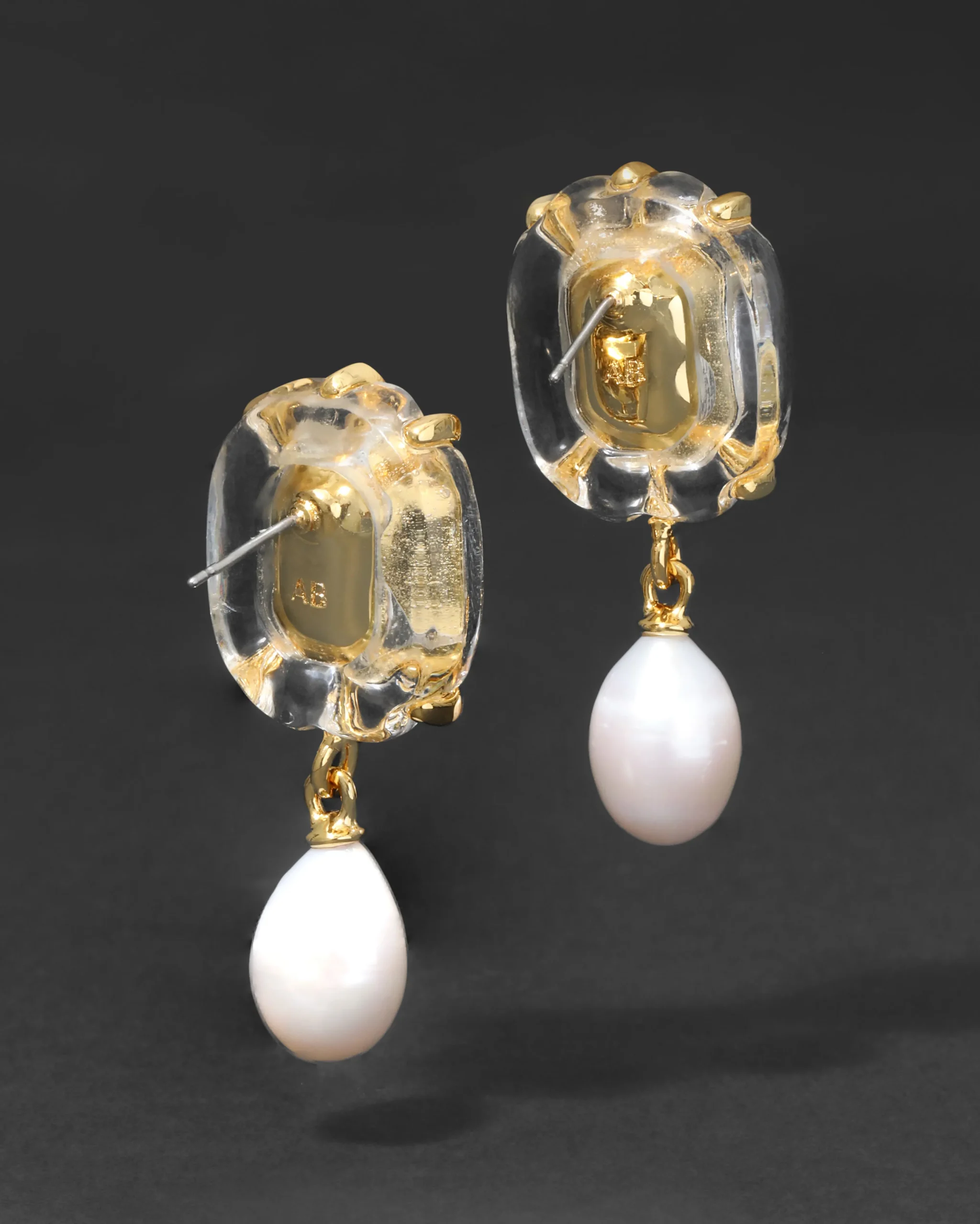 Liquid Lucite Jeweled Freshwater Pearl Drop Earring- Clear