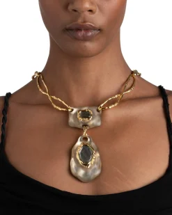 Lucite Brutalist Black Mother of Pearl Doublet Necklace- Warm Grey