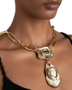 Lucite Brutalist Black Mother of Pearl Doublet Necklace- Warm Grey