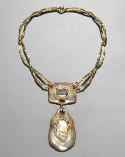 Lucite Brutalist Black Mother of Pearl Doublet Necklace- Warm Grey