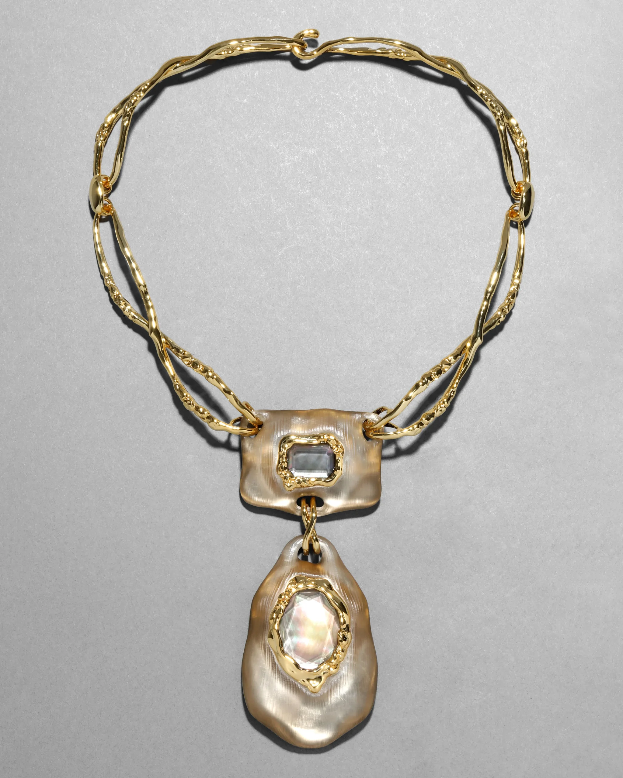 Lucite Brutalist Black Mother of Pearl Doublet Necklace- Warm Grey