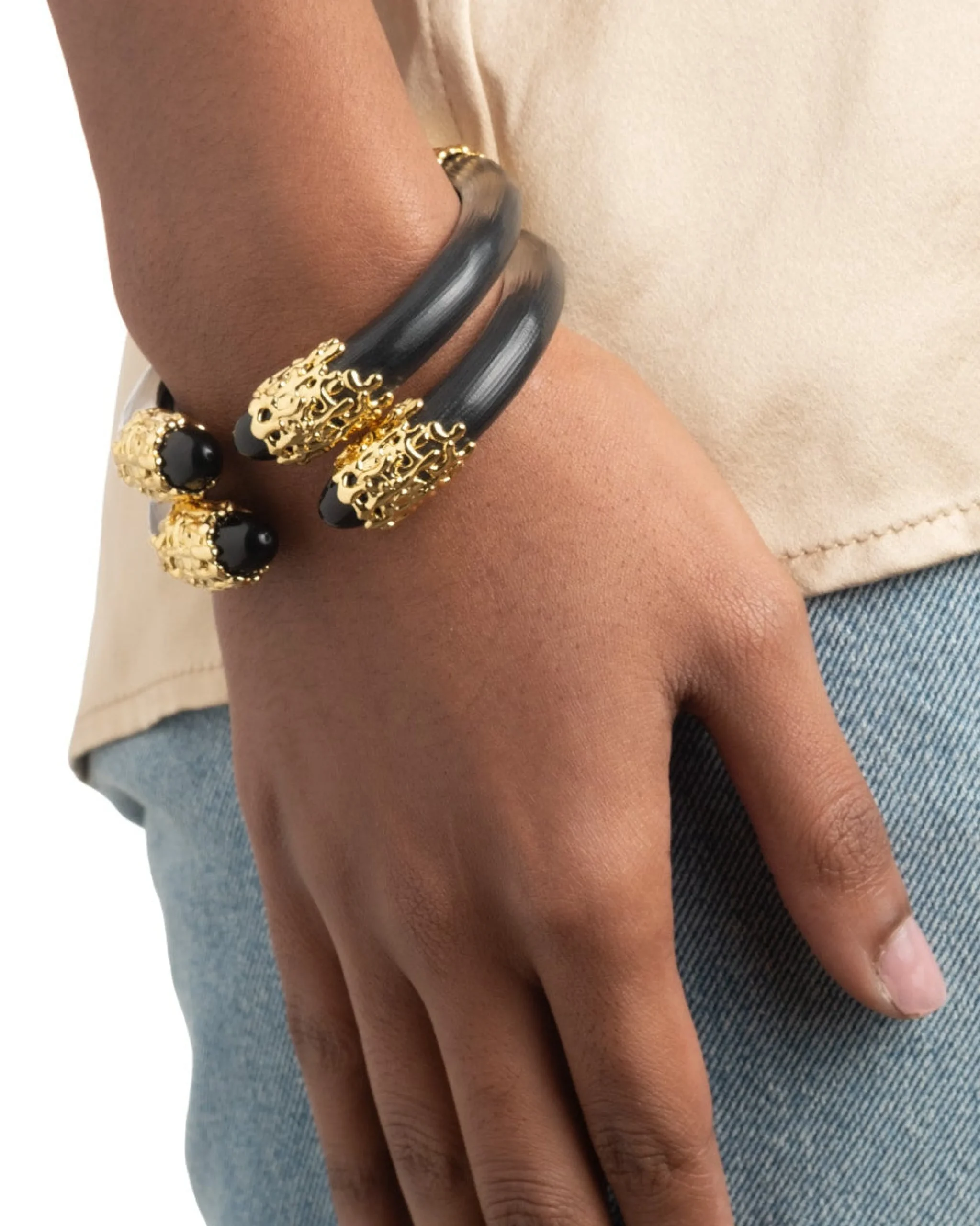 Lucite Brutalist Black Obsidian Hinge Bracelet- Black