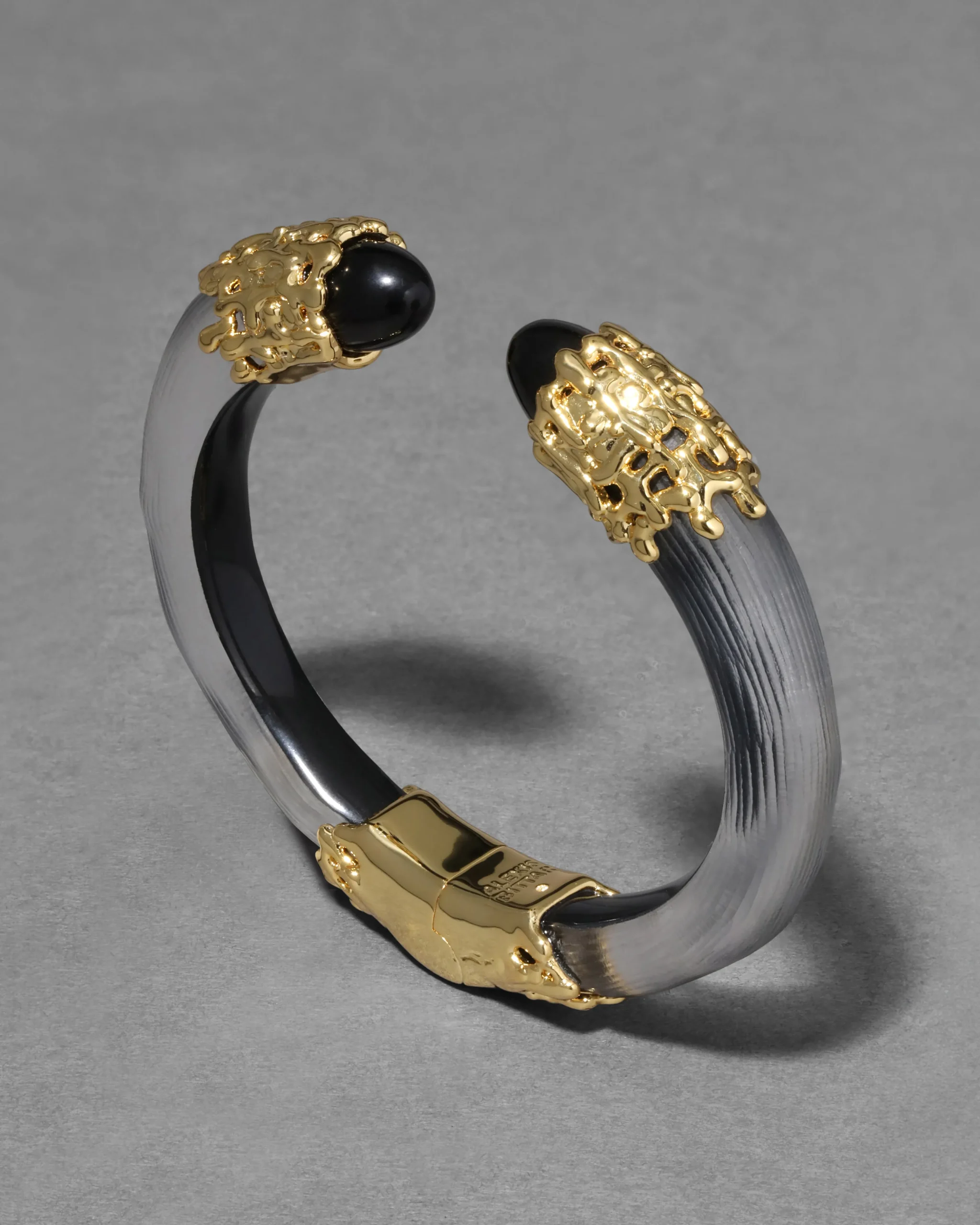 Lucite Brutalist Black Obsidian Hinge Bracelet- Black